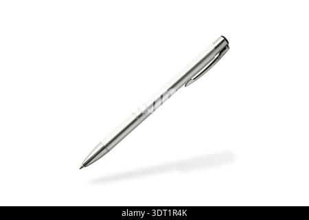 Light pen flying isolated on neutral background. Metallic ball pen in trendy color 2026 year Cloud Dancer with shadow on grey beige background with co Stock Photo