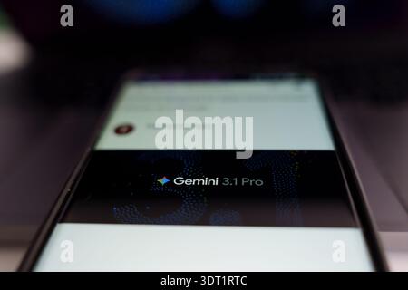 Close-up of Google Gemini 3.1 Pro interface on a smartphone screen, representing advanced multimodal generative artificial intelligence and mobile cha Stock Photo