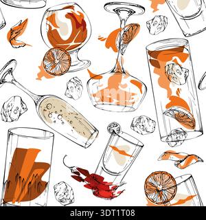 Vector seamless pattern of champagne flutes, aperol spritz wine balloons, whisky or brandy collins glasses. Orange peel and slices, ice cubes. Hand Stock Vector