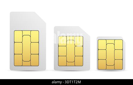 SIM card isolated set with mini, micro, and nano mobile sim chip icons in clean 3D style, modern vector design for telecommunications, smartphone Stock Vector