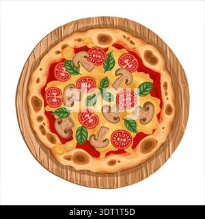 Mushroom pizza top view vector hand drawn illustration. Italian food with tomato and basil for menu and pizzeria template. Isolated meal drawing. Perfect for mediterranean cafe delivery graphic. Stock Vector