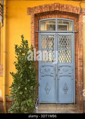 A beautifully ornate blue door is set within a rustic brick arch, framed by a vibrant yellow wall. The lush greenery beside the door adds a touch of n Stock Photo
