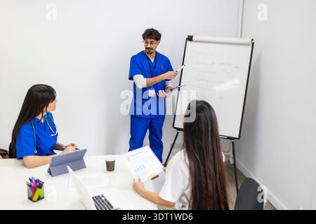A professional medical team gathers for a meeting. Two doctors in blue scrubs and a nurse in white uniform collaborate and discuss strategies for pati Stock Photo