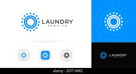 Laundry service logo, swirling droplets motion, clean fresh blue emblem design. Abstract washer vortex for branding, app icon, signage, packaging Stock Vector