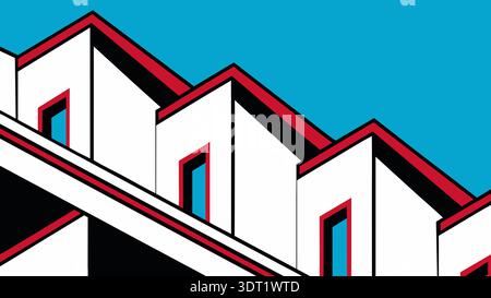 A striking minimalist illustration showcasing modern architecture. The design features geometric shapes with bold black, white, and red lines against Stock Photo