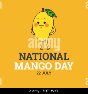 Vibrant illustration of a smiling mango with green leaf and rosy cheeks on a yellow backdrop celebrating National Mango Day. Stock Vector