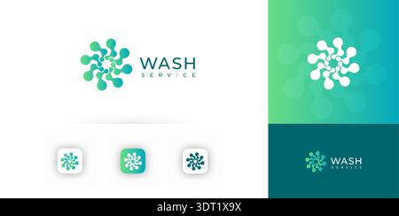 Laundry service logo, swirling droplets motion, clean fresh blue emblem design. Abstract washer vortex for branding, app icon, signage, packaging Stock Vector