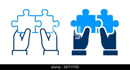 Hands with puzzle pieces icon. Representing teamwork, problem solving, and collaboration in both outline and filled styles. Stock Vector