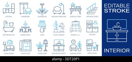 Icon set of interior furniture, room layout, lighting, and household elements created in editable stroke style, shown as clean minimalist icons. Stock Vector