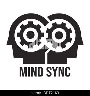 Logo icon of two heads with connected gears, showing idea alignment, cooperation, and shared thinking. Minimalist vector design for tech and psycholog Stock Vector