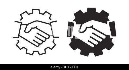 Handshake inside gear icon set. Business partnership, teamwork and collaboration symbol. Outline and solid style. Vector illustration. Stock Vector