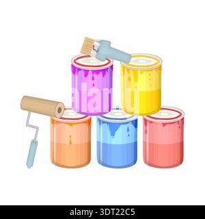 Set of colorful paint cans with brush and roller. Open tins with paint, paint roller and paintbrush. Home renovation, repair, diy or creativity.Vector Stock Vector