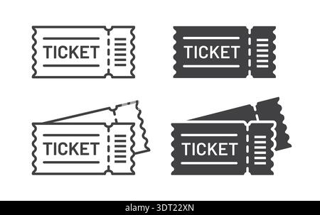 Ticket icons featuring barcode details in both line and solid styles. These icons show admission tickets with detachable edges, representing access, v Stock Vector