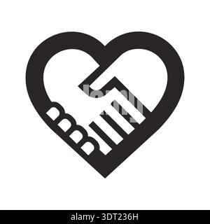 Handshake inside heart shape icon. Black silhouette outline symbolizes love partnership, agreement, charity, and unity. Stock Vector