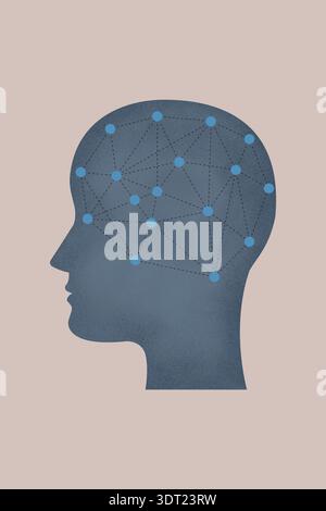Abstract illustration of a human brain showcasing a network of interconnected nodes, symbolizing thought processes and neural pathways on a soft pink Stock Photo