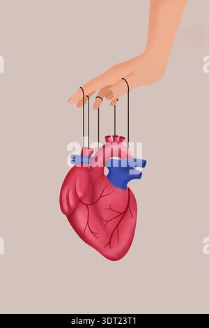 Creative illustration showcasing a human hand manipulating a realistic heart as if it were a puppet. The artwork symbolizes control and emotion, blend Stock Photo