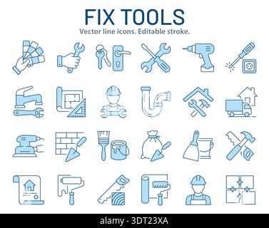 Fix Tools icon set. Representing repair, maintenance, construction tools, and handyman services. Vector illustration. Editable stroke. Stock Vector