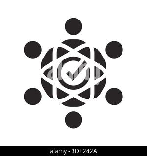 Team network icon. People figures around central atom with checkmark in black silhouette. Symbolizes verified collaboration, success, quality connecti Stock Vector