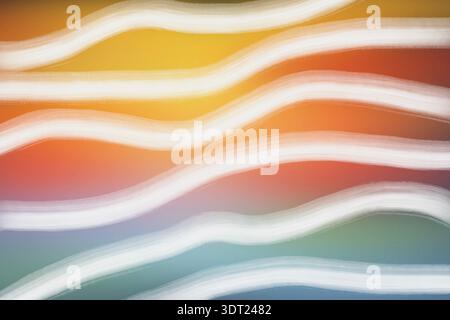 Dynamic abstract image featuring wavy white lines flowing across a vibrant gradient background of rich orange, yellow, green and blue hues, creating a Stock Photo
