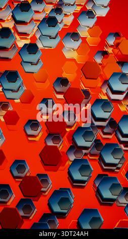 Colorful hexagonal shapes form a complex 3D geometric design that showcases modern technology. The pattern has a vibrant red backdrop. Stock Photo