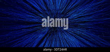 A tunnel shaped design shows lines of blue light stretching outward. The background creates a sense of depth and technology. Stock Photo