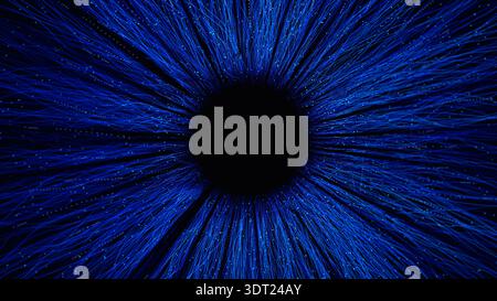 A tunnel shaped design shows lines of blue light stretching outward. The background creates a sense of depth and technology. Stock Photo