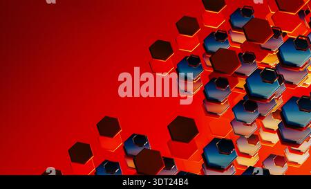 Colorful hexagonal shapes form a complex 3D geometric design that showcases modern technology. The pattern has a vibrant red backdrop. Stock Photo