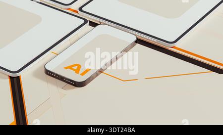 Multiple technological devices show the letters AI on their screens. This scene captures the focus on artificial intelligence in a daily setting. Stock Photo