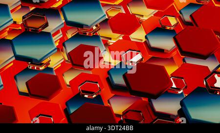 Colorful hexagonal shapes form a complex 3D geometric design that showcases modern technology. The pattern has a vibrant red backdrop. Stock Photo