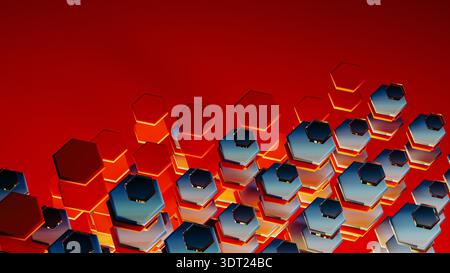 Colorful hexagonal shapes form a complex 3D geometric design that showcases modern technology. The pattern has a vibrant red backdrop. Stock Photo