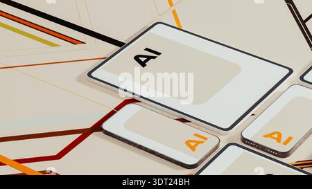 Multiple technological devices show the letters AI on their screens. This scene captures the focus on artificial intelligence in a daily setting. Stock Photo