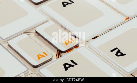 Multiple technological devices show the letters AI on their screens. This scene captures the focus on artificial intelligence in a daily setting. Stock Photo