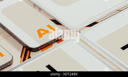 Multiple technological devices show the letters AI on their screens. This scene captures the focus on artificial intelligence in a daily setting. Stock Photo