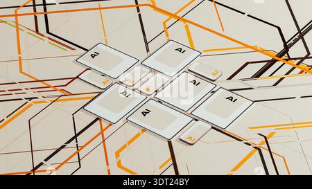 Multiple technological devices show the letters AI on their screens. This scene captures the focus on artificial intelligence in a daily setting. Stock Photo