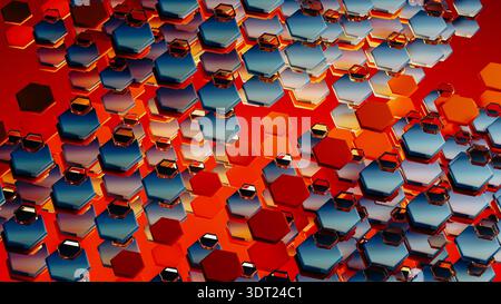 Colorful hexagonal shapes form a complex 3D geometric design that showcases modern technology. The pattern has a vibrant red backdrop. Stock Photo
