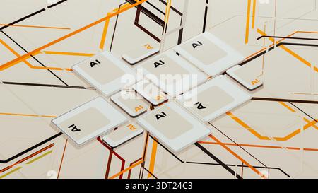 Multiple technological devices show the letters AI on their screens. This scene captures the focus on artificial intelligence in a daily setting. Stock Photo