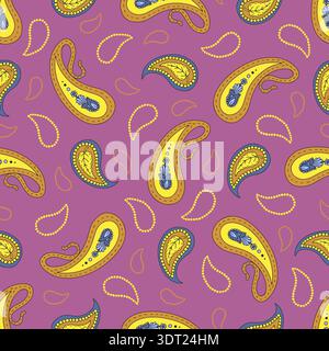 Hand drawn intricate Paisley seamless pattern on purple background Stock Vector