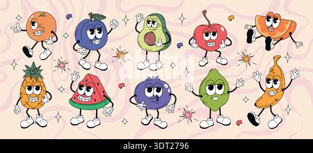 Vector set of groovy hippie fruits characters in retro style. Cartoon cute summer food stickers, funky comic doodle banana, lemon, avocado, watermelon, orange and tropical pineapple expression faces Stock Vector