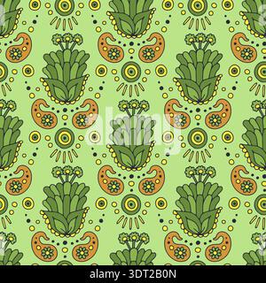 Hand drawn intricate Paisley seamless pattern on green background Stock Vector