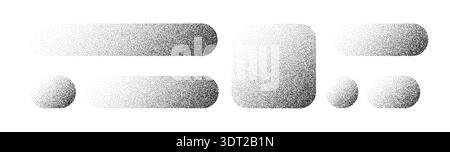 Grainy button set with dotted texture and gradient effects. Abstract stipple patterns create modern noise backgrounds with subtle grain overlay for Stock Vector