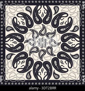 Monochrome black and white scarf or bandana design with paisley mandala pattern Stock Vector