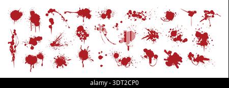 Spray paint red inky drips, stains, liquid splatters or blots. Blood splashes, graffiti speckles, spatters or inkblot spots for halloween design. Paintbrush blobs, splotches with horror crime effects Stock Vector