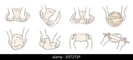 Hand drawn sourdough bread kneading and shaping process with hands. Step by step artisan dough preparation. Textured line art vector illustration set Stock Vector