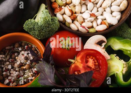 Colorful Collage of Fresh Vegetables and Spices Arranged in a Collection on a Kitchen Surface Stock Photo