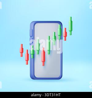 3D Mobile phone with candlestick chart on screen Stock Vector