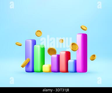 Colorful 3D bar graph with floating coins Stock Vector