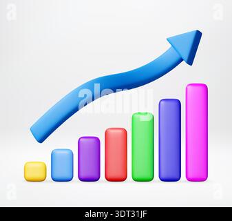 3D Blue arrow rising on colorful bar chart Stock Vector