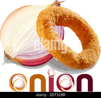 Purple and white onions are drawn together, alongside crispy onion rings and type with onion rings drawn as vector illustration. Stock Vector