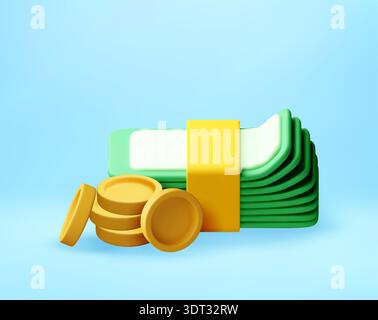 3D Stack of paper bills with and golden coins Stock Vector