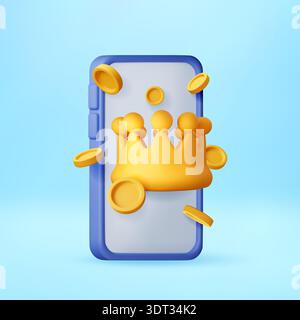 3D Golden crown and coins on mobile phone screen Stock Vector